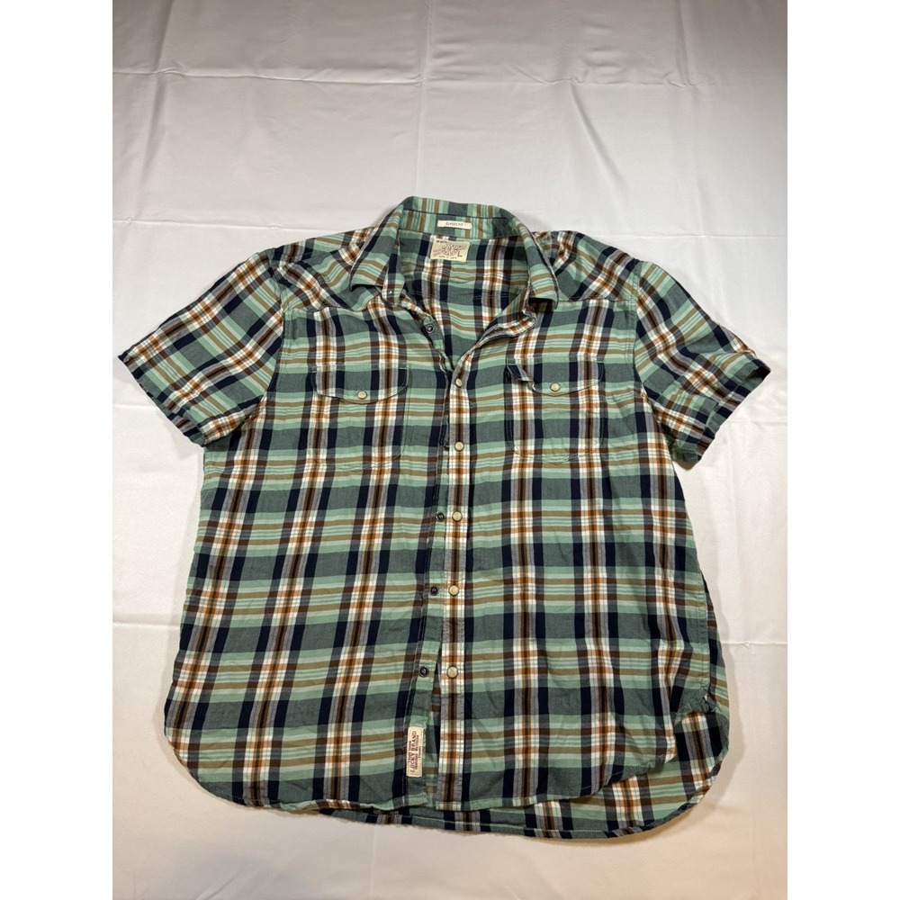 Lucky Brand Men's L Button Up‎ Long Sleeve Classic Plaid Green Flannel Shirt